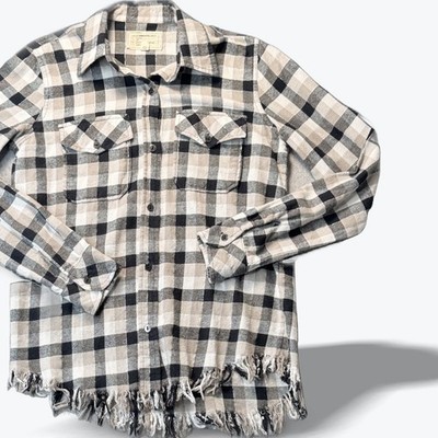Current/Elliott Womens Plaid Flannel Button Down Frayed Hem Shirt 90s Grunge