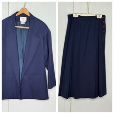 Vintage 80s Leon Block 100 Wool Navy Pinstripe Blazer and Skirt SET Grannycore