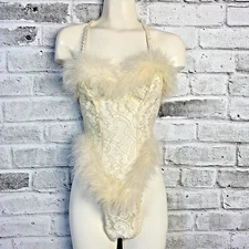 Vtg Fantasy Lingerie Sheer Lace Fur Trim Teddy Bodysuit Sexy High Cut Thong USA