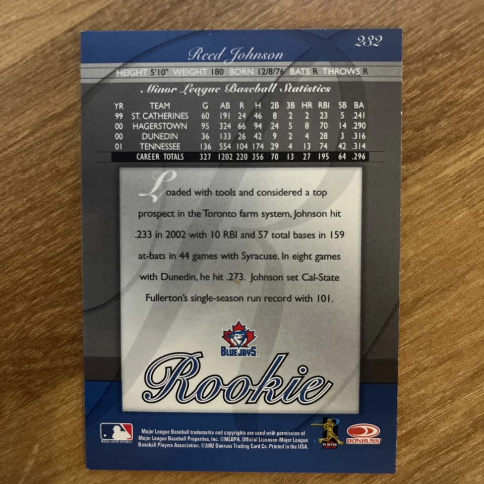 2002 Donruss Elite - Extra Edition Rookie Reed Johnson #232 /1000(RC) - Jays - Image 2 of 2
