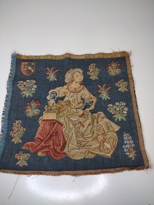 Handmade Vintage Tapestry The Wool Spinner Flowers Pets Crest French 9.75'' By 9''