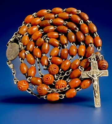 Vintage Catholic Genuine Cocoa Wood Petite Rosary Silver Tone Crucifix France