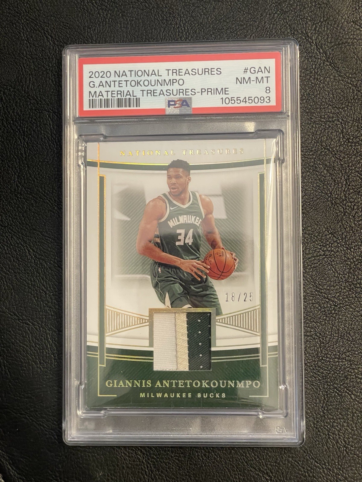 2020-21 National Treasures Giannis Antetokounmpo Game Worn 3-Color Patch /25 PSA view 1