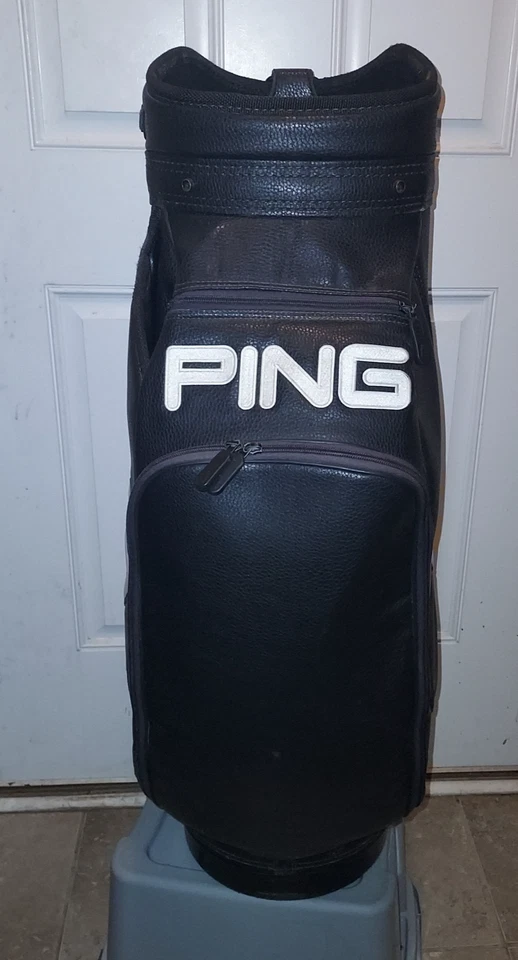 Ping Men's Golf Staff Bag Black Leather 6-Way Top w/ Rain Cover Vintage - Image 2 of 4