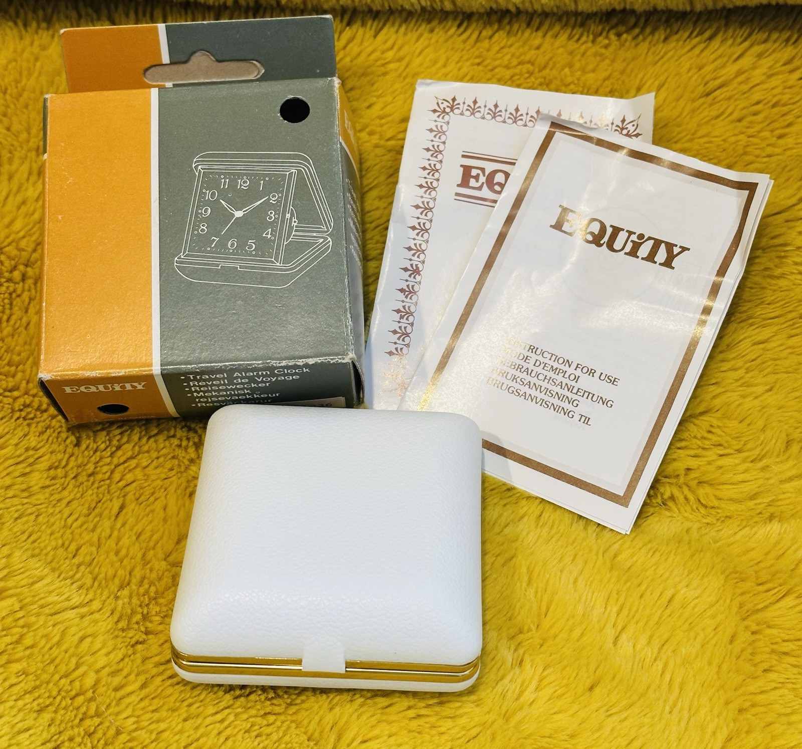EQUITY Travel Alarm Clock Fold Up Style in Case - Works New Vintage White Gold