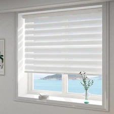 Cordless Zebra Blinds for Windows –(34" W x 64" H,White) Dual Layer Fabric Ro...