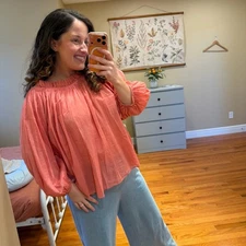 THE GREAT. Pink Cotton Ruched Soft Long Sleeve Top Blouse 3 Large