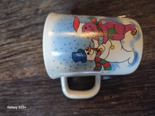 Vintage BARNEY drinkin Cup 1993 Lyons Group Selandia winter scene snowman dancin