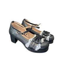 Black Mary Jane Chunky Heel Shoes  T-Strap Platform Size 8.5 IN HEELS