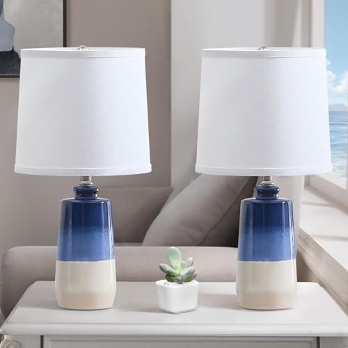20.5" Ceramic Blue Lamps for Nightstand Set of 2, Blue Table Lamps Navy Blue - Picture 2 of 8