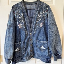 Vintage 90s Embellished Acid Wash Denim Jacket Oversized Cardigan Rhinesto Boho