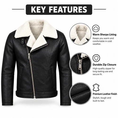 Men’s B3 Aviator Jacket Shearling Sheepskin Leather Bomber Flight Coat Winter image 2