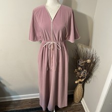 Vtg 70s Vanity Fair Flutter Sleeve Velour Lounge Wear Robe Gown Pink Zip Front S