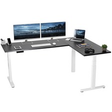 VIVO Electric 78" x 55" Stand Up Corner Desk, Black Table Tops, White Frame