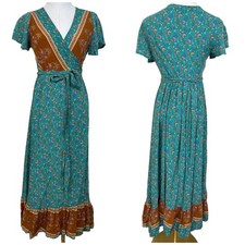 REBORN Wrap Maxi Dress Women S Teal Rust Floral Boho Flutter Sleeve Festival