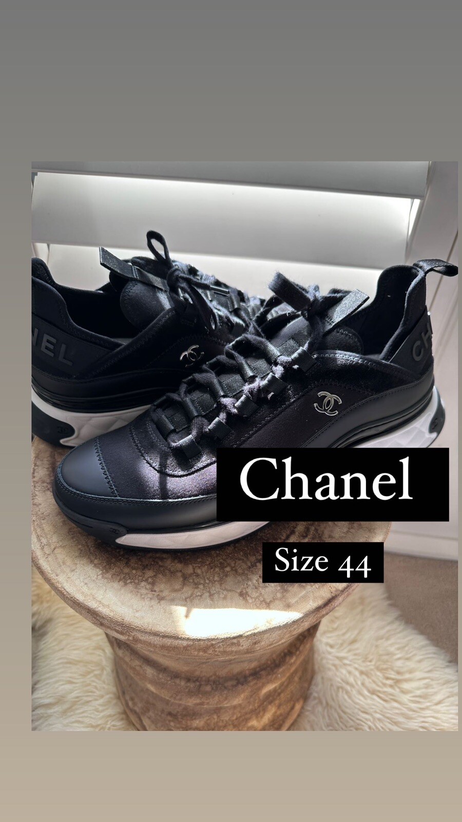 Chanel REV Mens Black White CC Logo Lace Up Tie Low Top Trainer Sneaker 44
