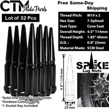 32x 4.5" TALL BLACK M14x2 SPLINE SPIKE LUG NUT+KEY FIT EXCURSION F250/350 DUALLY