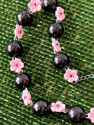 Shungite 925 Sterling Silver Pink MOP Floral Beaded Adjustable Necklace New
