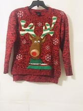New Directions Ugly Christmas Sweater Women s Small Red Reindeer w/ Bells
