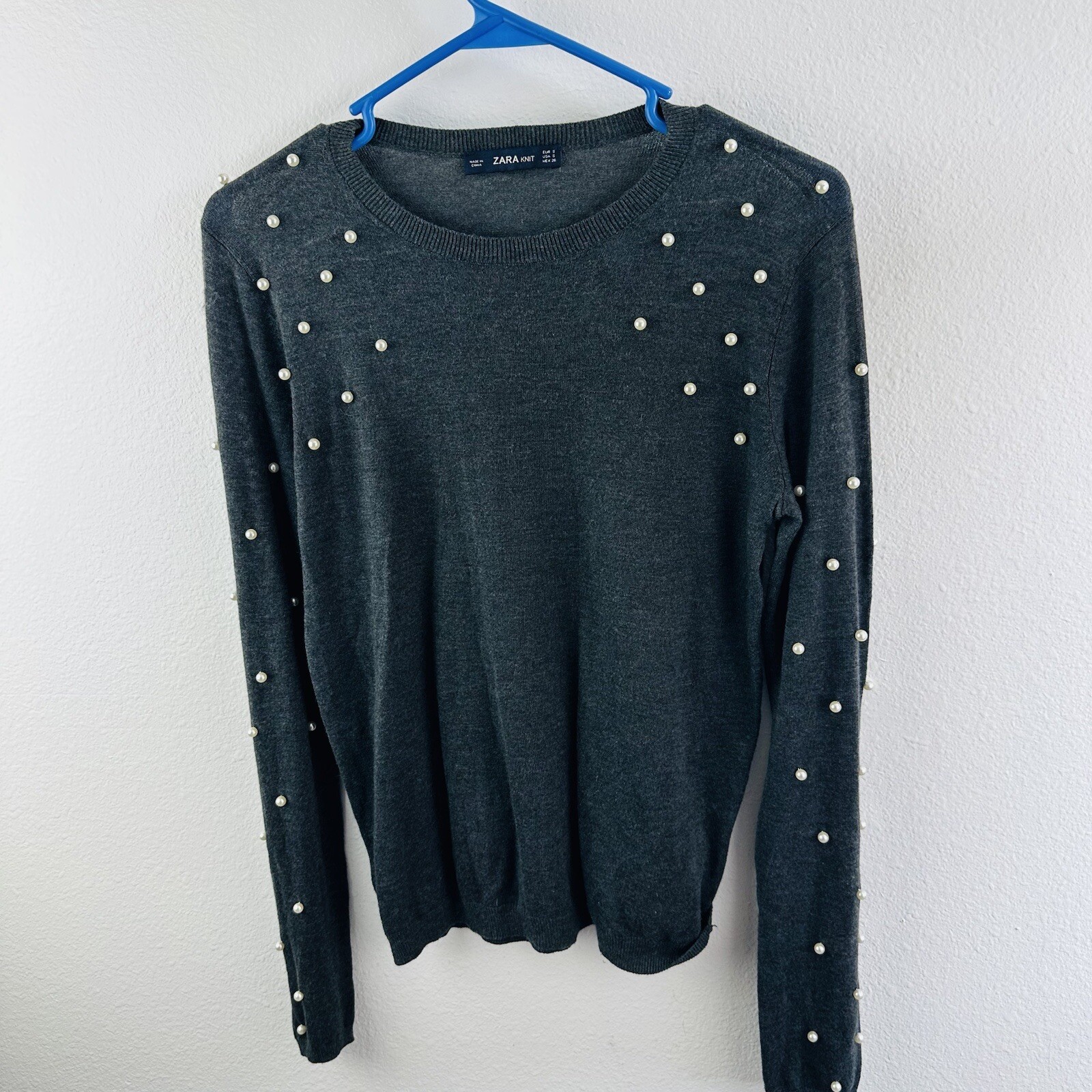 Zara Knit Pearl Embellished Gray Sweater Size S