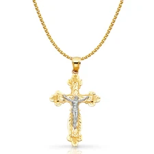 14K Two Tone Gold Crucifix Pendant with 1.5mm Flat Open Wheat Chain Necklace