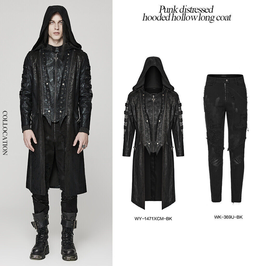 Punk Rave Rapper Rock Long Coat Men Black Zipper Pu Leather Long 