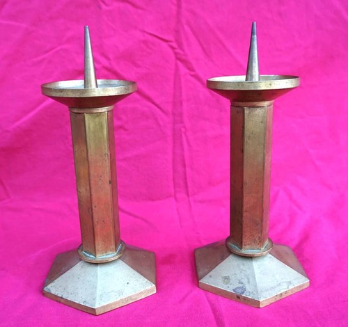 French Art Deco Pair Hexagonal Candlestick Brass