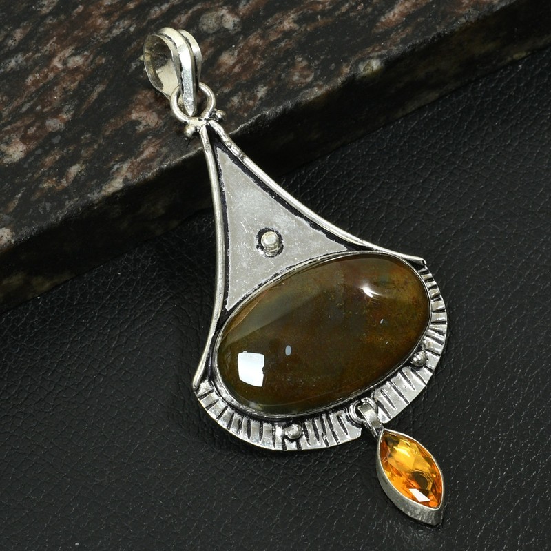 Jasper Citrine Gemstone Ethnic Handmade Pendant Jewelry Gift 3.28" AP-37392
