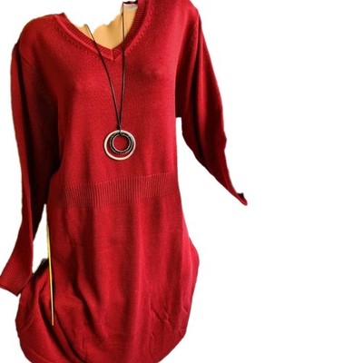 Kleid Strickkleid Damen Langarm rot weinrot Gr. 50 (990) (427) Übergröße NEU