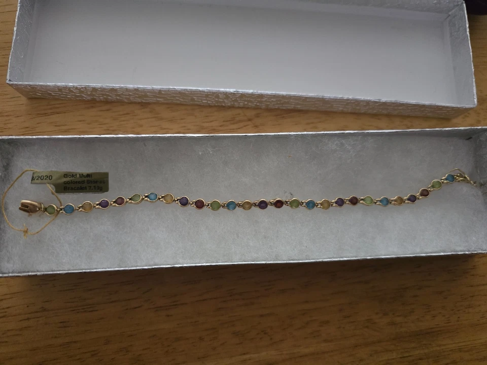 Vintage 14k Yellow Gold Multi Gem Pear Shaped Tennis Bracelet 7.16gm & 7 3/4 '  - Image 2 of 4