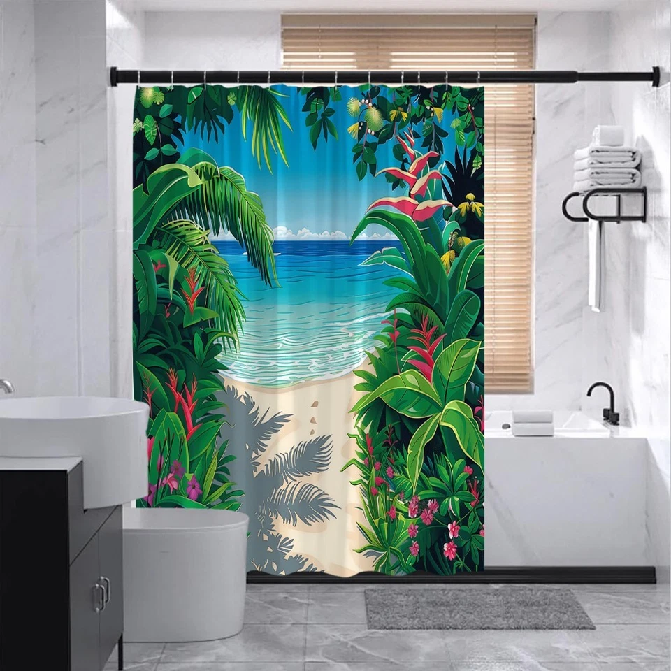 Занавеска для душа тропический пляж вид на океан зеленые листья джунглей летняя ванная комната - Изображение 2 из 4