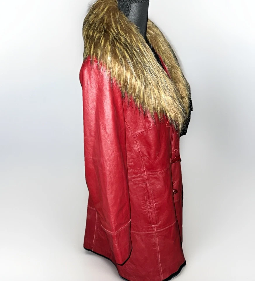 Abrigo Terry Lewis Clásico Lujo Cuero Rojo Piel Sintética Cuello Cierre Palanca Vintage Foto 3 de 4