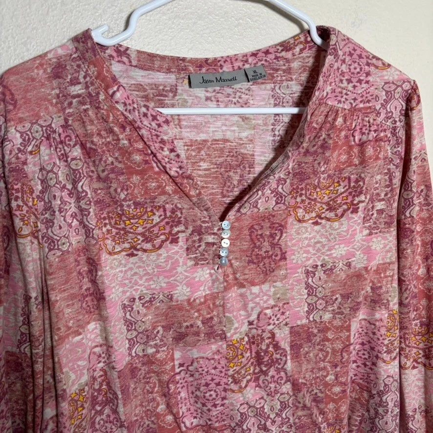 Blusa para mujer Jason Maxwell XL cuello en V manga larga estampada camisa informal Foto 3 de 4