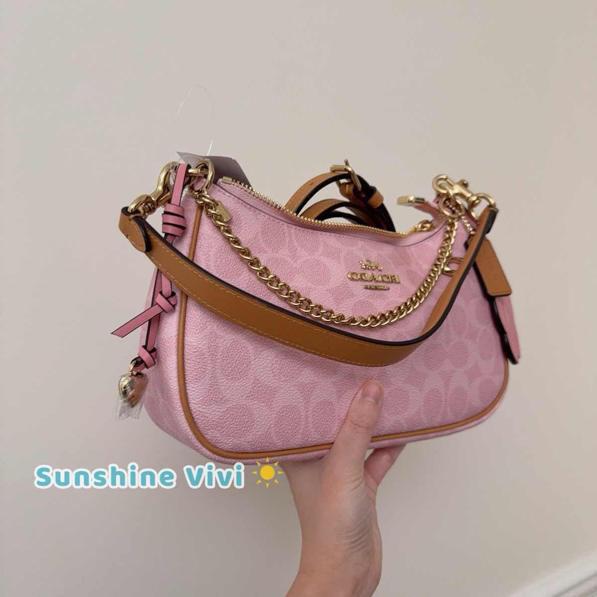 NWT Coach Gold Powder Pink Teri Shoulder Bag Signature with Charms