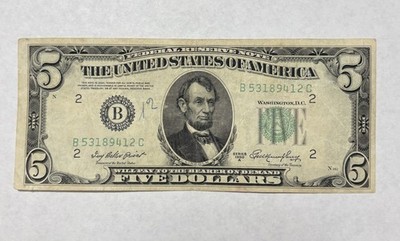 1950 A $5 New York Federal Reserve Note, circulated, hand written on it