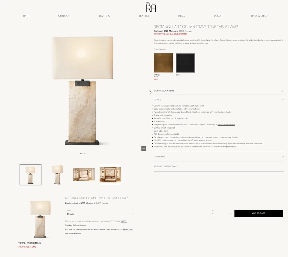 Настольная лампа из травертина прямоугольная колонна для восстановления правосторонней стойки бронза - Изображение 4 из 4