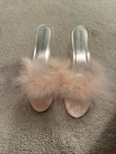 Jacques Levine High Heel Slipper Pink Satin Vintage Womens Feathers Size 10 M