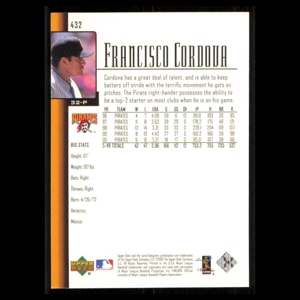 Francisco Cordova #432 2001 Upper Deck Pittsburgh Pirates Baseball Card MLB NM - Image 2 of 3