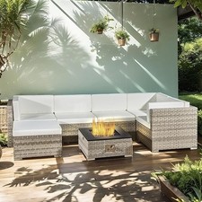 Oseasons Trinidad Rattan 6 Seat Firepit Chaise Garden Outdoor Lounge Set Grey