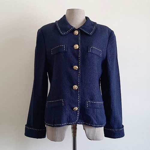 Chloé, Vintage Miss Chloe Navy Blue Linen Jacket Gold Button Blazer Stitching Medium M