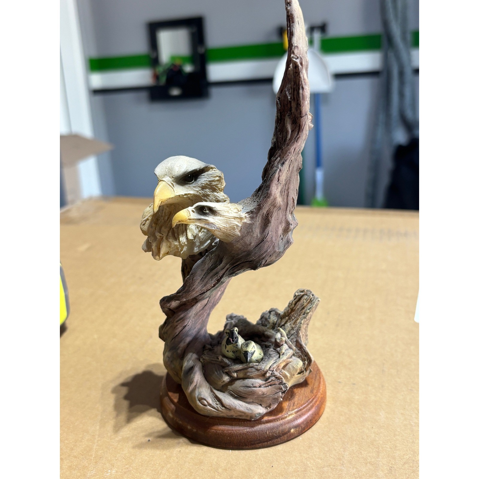 Bald Eagle Family Nesting Figurine Resin Sculpture on Wood Base 8 Inch