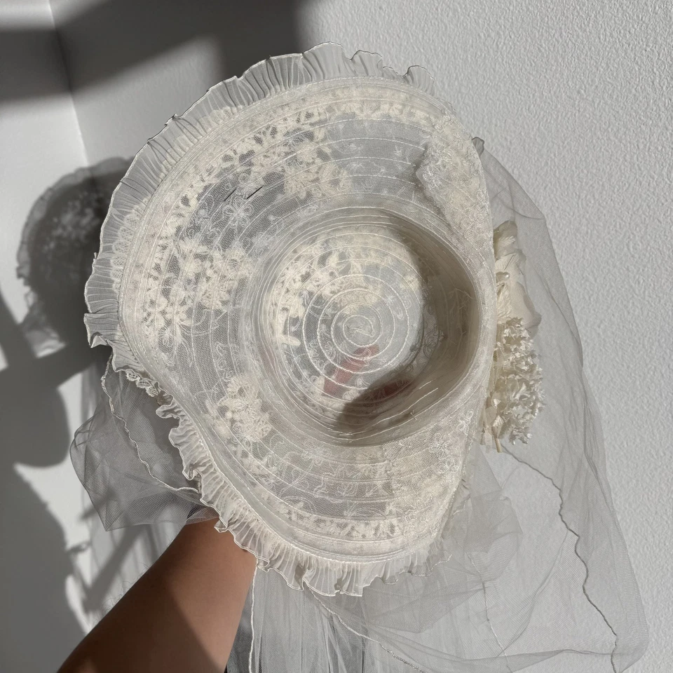 Vintage Bridal Lace Wedding Hat with Double Veil – Back 40” Front 20” Veil Ivory - Image 4 of 4