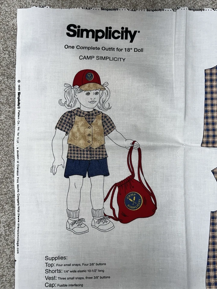 NEW UNCUT 1998 SIMPLICITY COMPLETE OUTFIT FOR 18" DOLL "CAMP SIMPLICITY" PANEL - Image 3 of 4