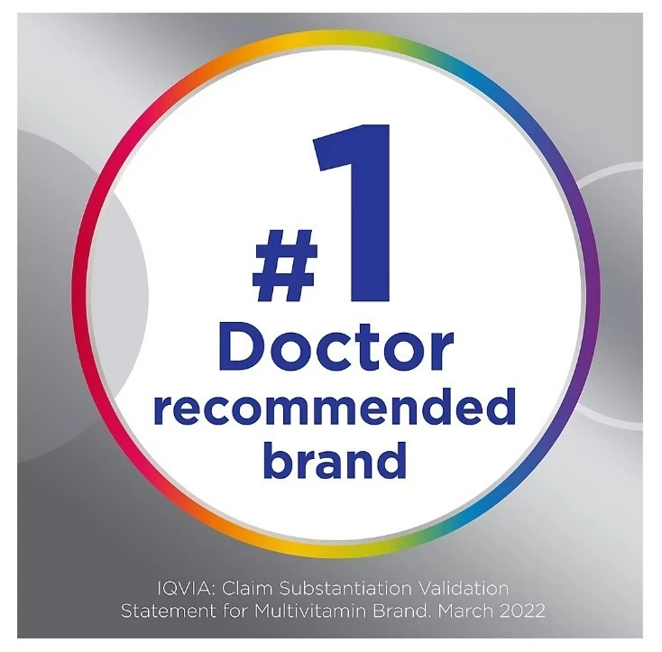 White Centrum Silver men�s multivitamin box with blue/red gradient, large number 1, and �Doctor Recommended� text.