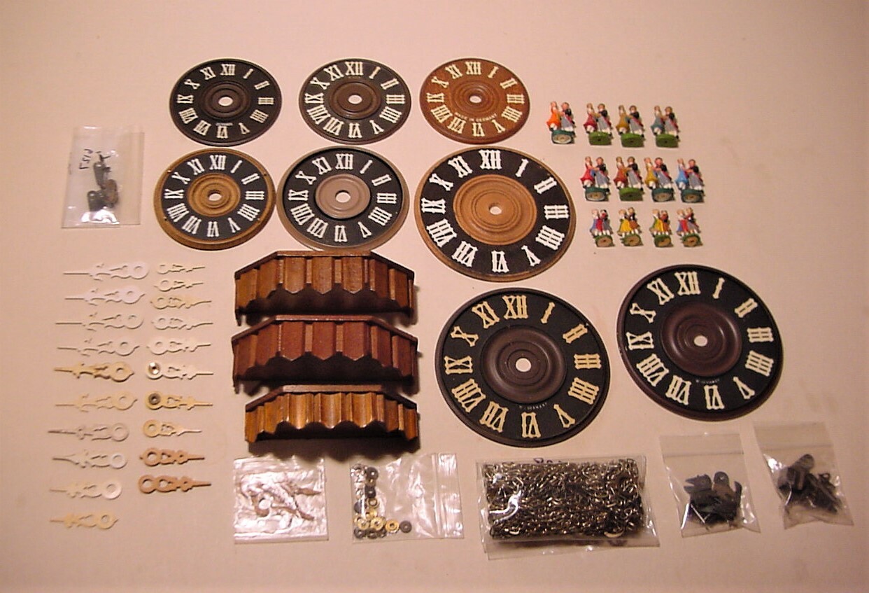 LOT OF VINTAGE CUCKOO CLOCK * DIALS * DIAL HANDS * BALCONIES * FIGURES