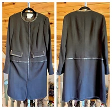 Worth Women's Classic Black Leather Trim Collarless Long Wool Jacket Size 8