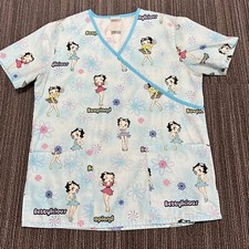 Betty Boop Scrub Shirt Top Womens Small White Blue Cartoon Pocket Medical Dental