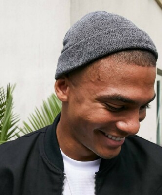ASOS DESIGN mini fisherman beanie hat charcoal twist grey Men's One Size  UK