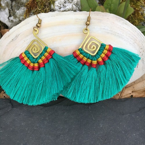 Earring Brass Silk Thread Embroidered Handmade Thailand Boho Ethnic Nomads Wales - Picture 3 of 26