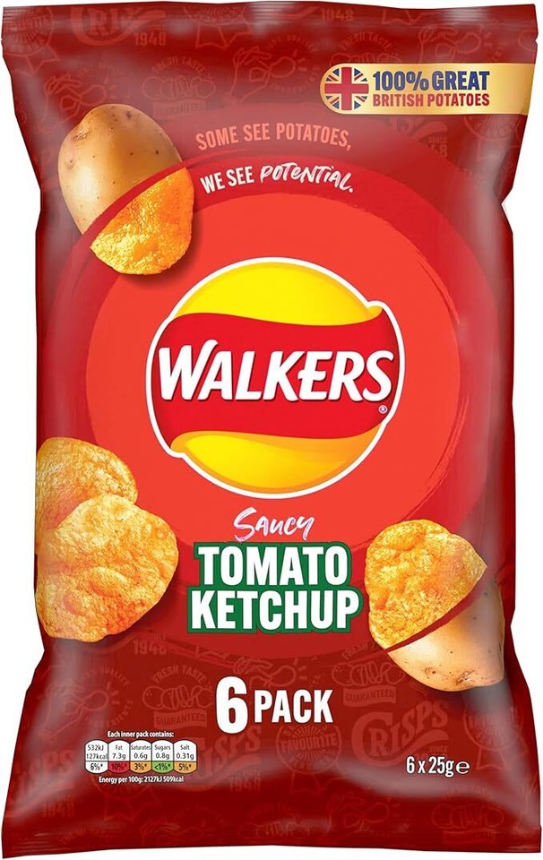 Walkers Crisps Walkers Tomato Ketchup Crisps Box of 36 x 25g NEW Free